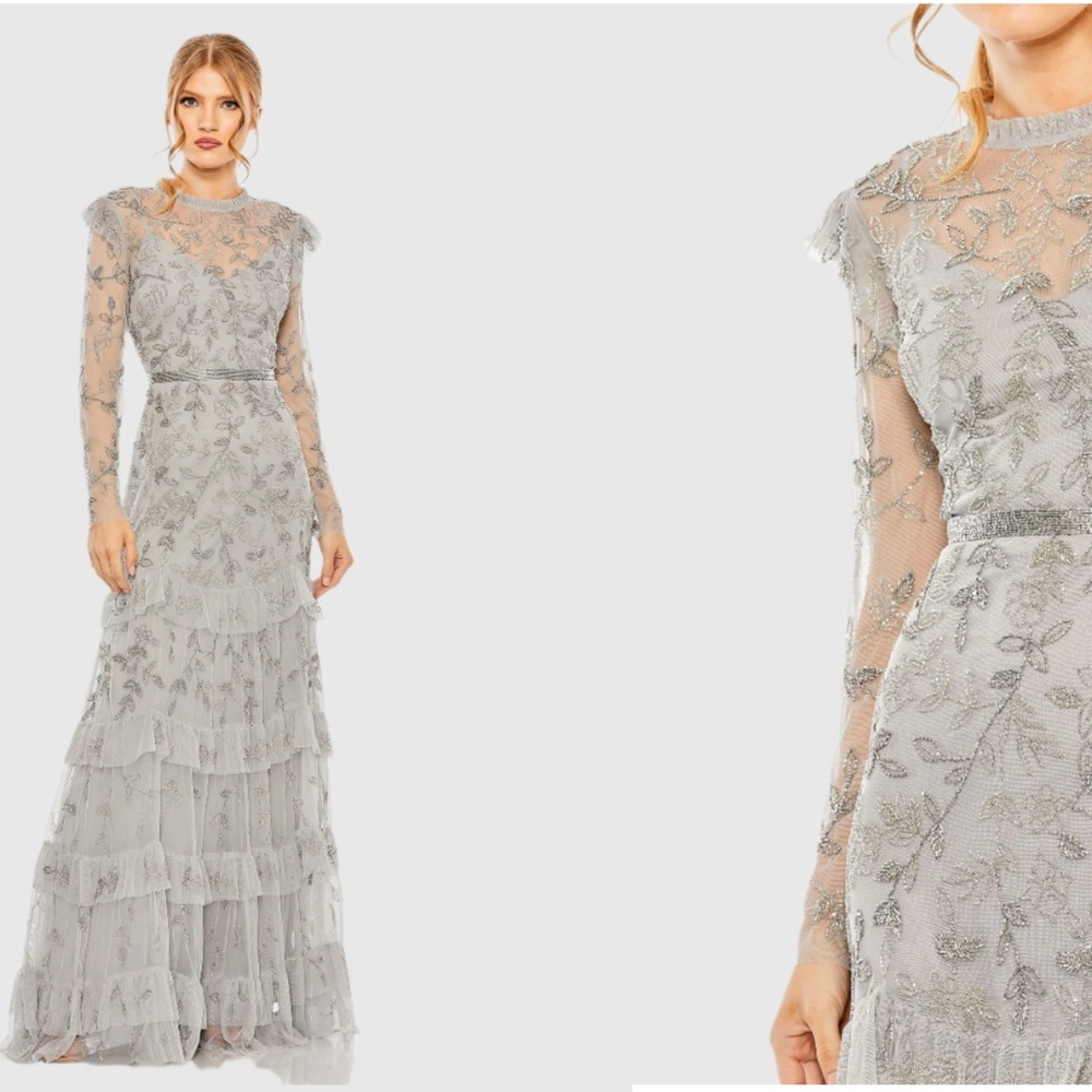 MAC DUGGAL 9237 FLORAL EMBELLISHED FLUTTER CAP LONG SLEEVE PLATINUM GOWN sz 4